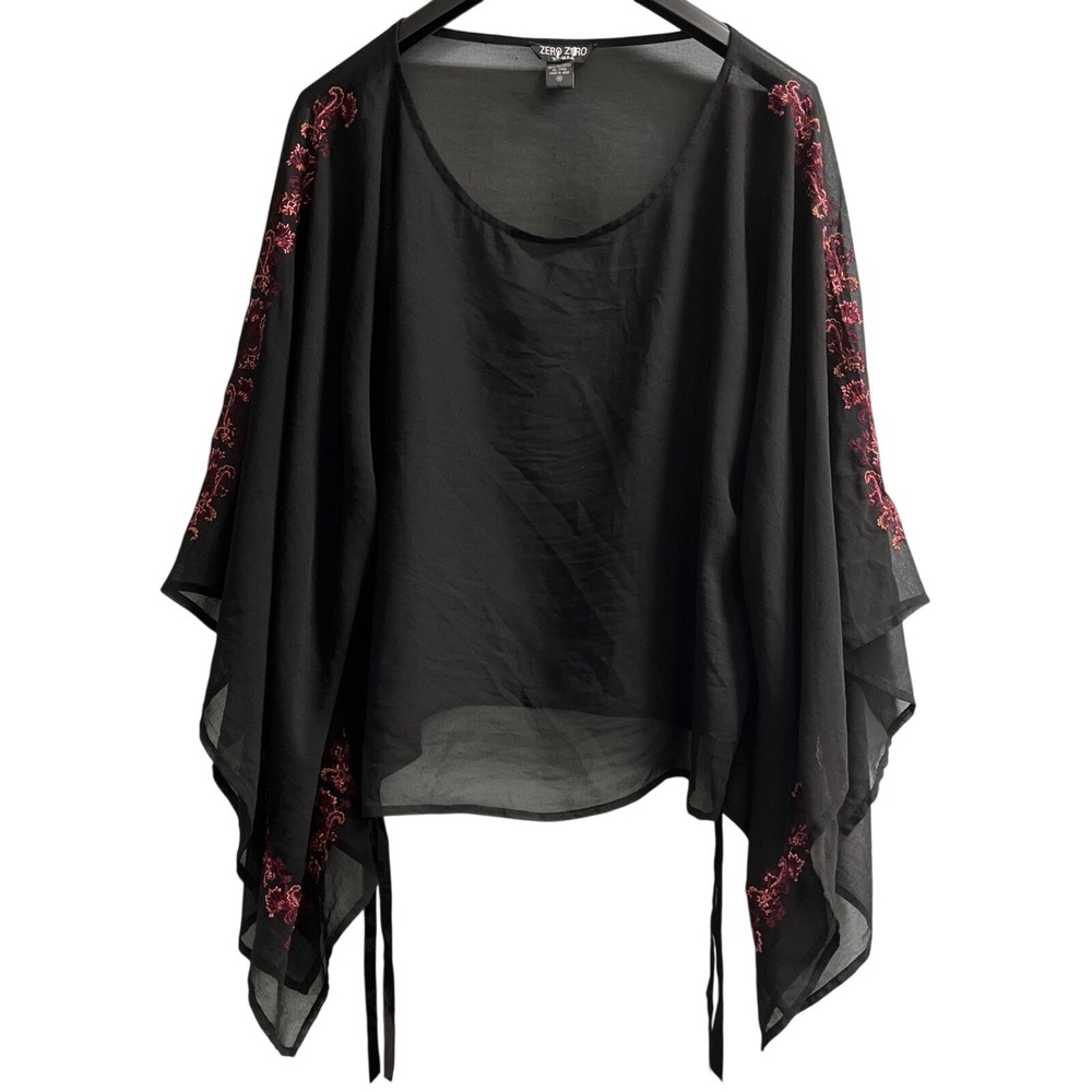 Zero Zero Top Womens 1X Black Sheer Chiffon Embroidered Floral Poncho‎ Oversized